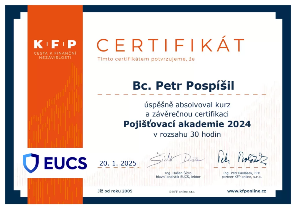 O mně 2 Certifikát Pojišťovací akademie KFP a EUCS